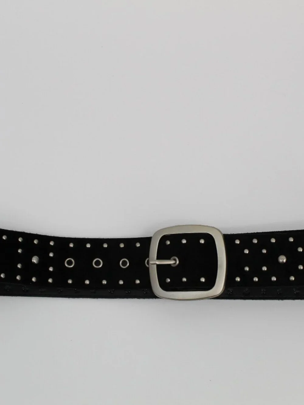 Black Faux Leather Studded Belt With Silver Buckle Suede Sz 16W Biker Goth Punk